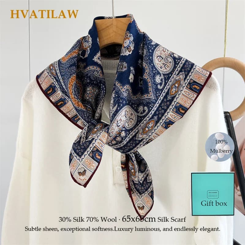 70% Wool 30% Silk Hair Scarf 65x65cm Square Silk Neck Scarf Women Luxury Vintage Head Scarf Hair Bandana Neckerchief Shawl Wrap