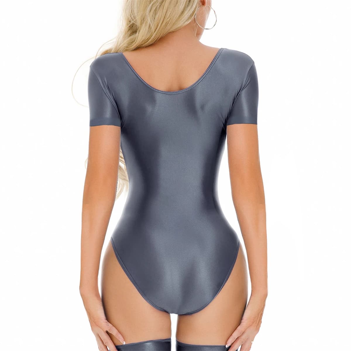 Body bikini sexy da donna tinta unita olio lucido body liscio manica corta costumi da bagno pagliaccetti tute fitness yoga trasparenti