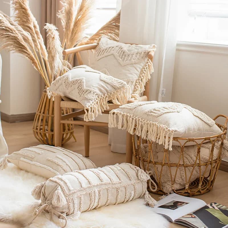 Boho Loop Federa trapuntata in cotone e lino Wabi-sabi Fodera per cuscino con nappa Fodera per cuscino lombare a forma di caramella Divano di casa decorativo