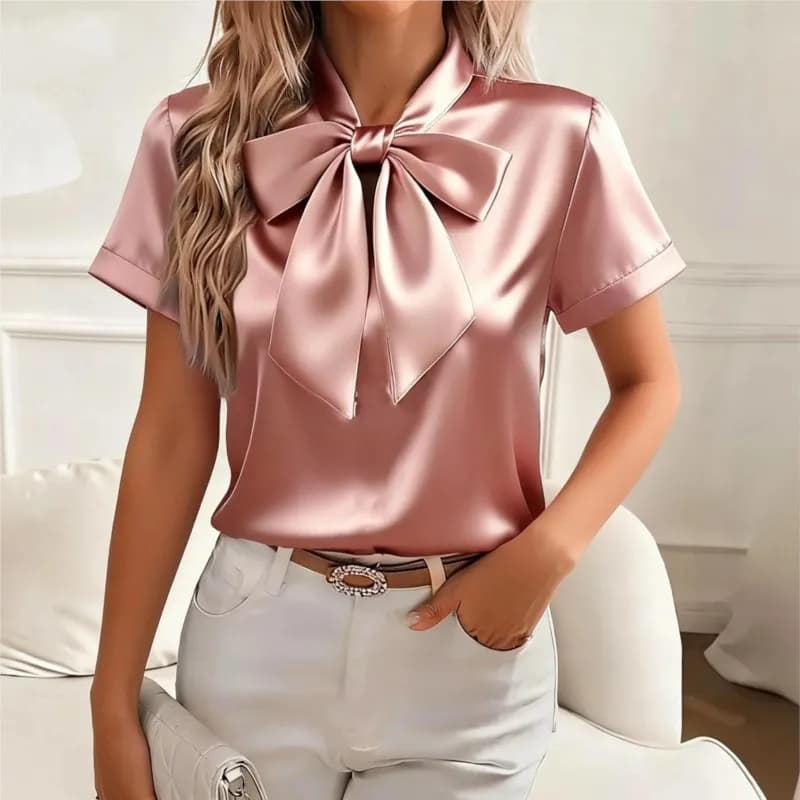 Elegante Camicia in Raso 2026 Tinta Unita a Maniche Corte con Fiocco e Laccetti, Blusa da Ufficio da Donna, Top per il Lavoro e il Pendolarismo