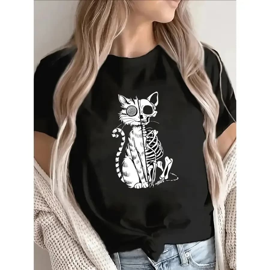 【Nuovo stile】T-shirt con stampa scheletro di gatto bianco gotico e gattino nero - Top casual a maniche corte con collo rotondo, leggero e resistente