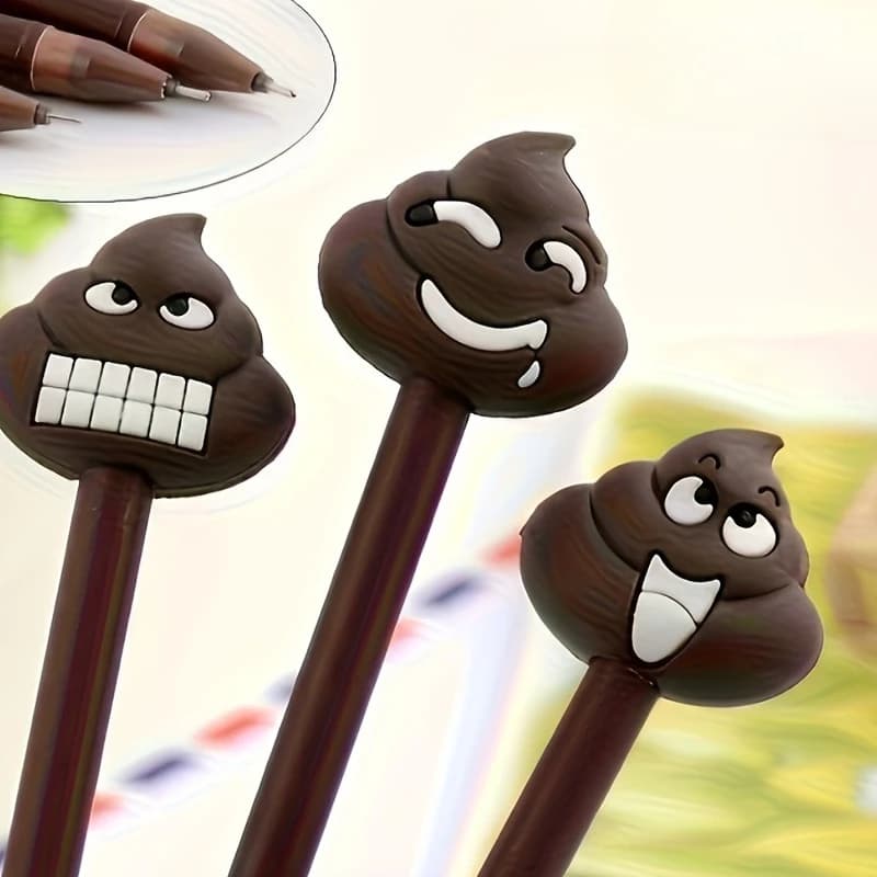 3 penne gel creative e innovative a forma di cacca con un simpatico design a forma di cartone animato, perfette per gli studenti, con inchiostro nero per la firma.