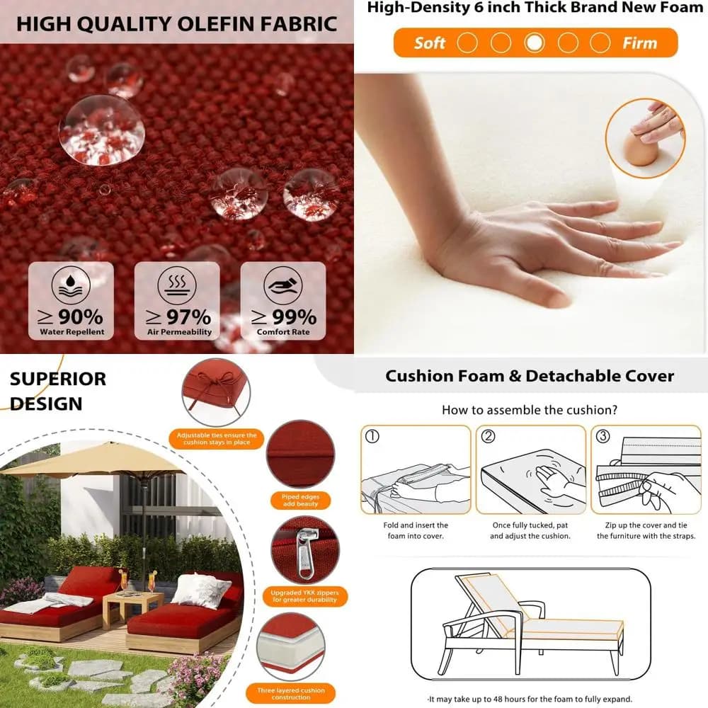 Outdoor red chaise longue cushion, waterproof patio chair cushion, thick 80x26x6 with 4 laces