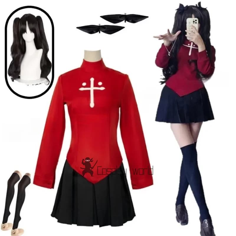 Anime Game Fate Stay Night Tohsaka Rin Cosplay Costume Wig For woman Red Shirt Skirt Stocking Hairpins Hallowmas Party Set