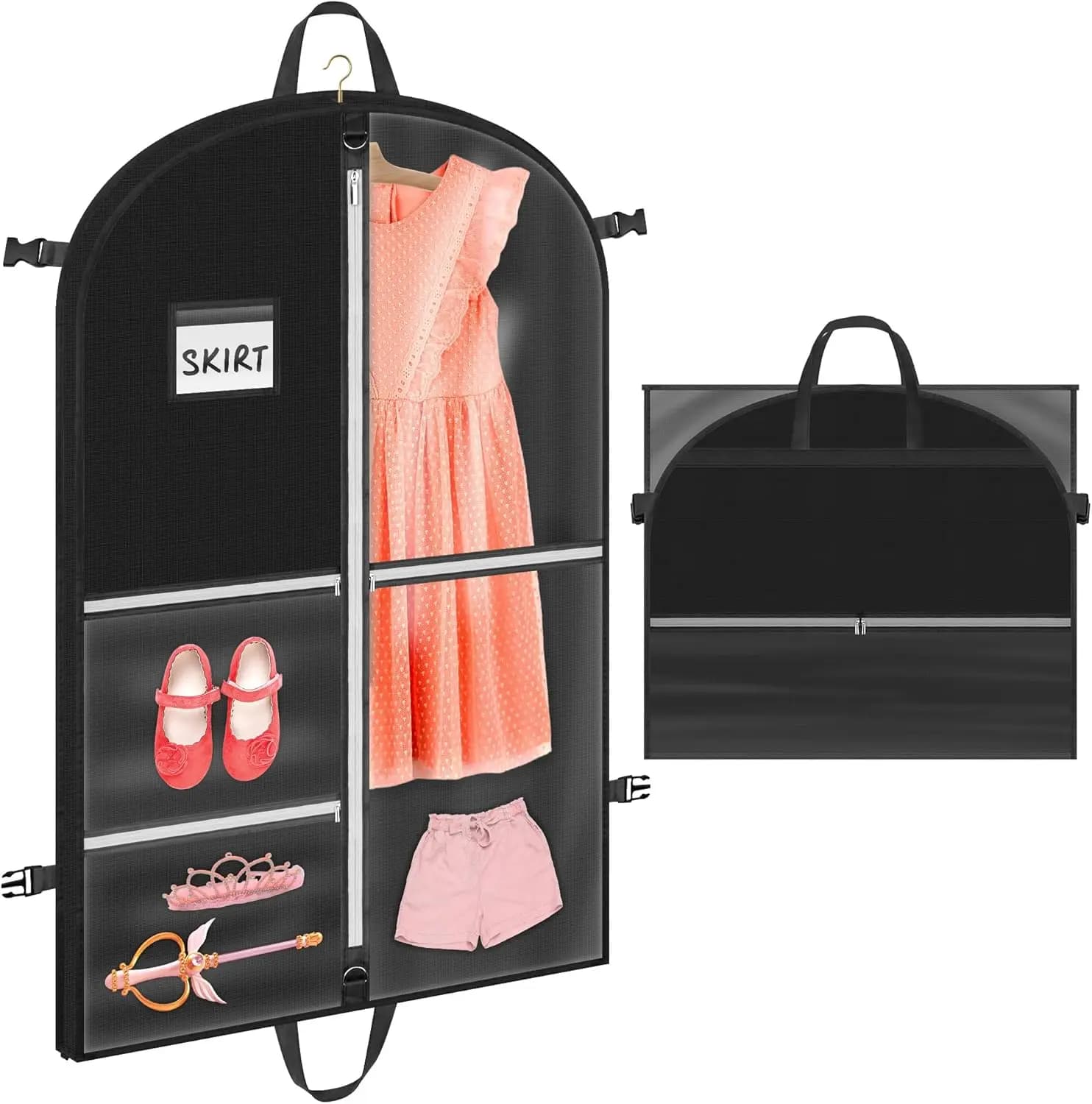 Borsa porta abiti impermeabile con tasche, pieghevole e antipolvere, per abiti e costumi da ballo (110x60cm, Nera)