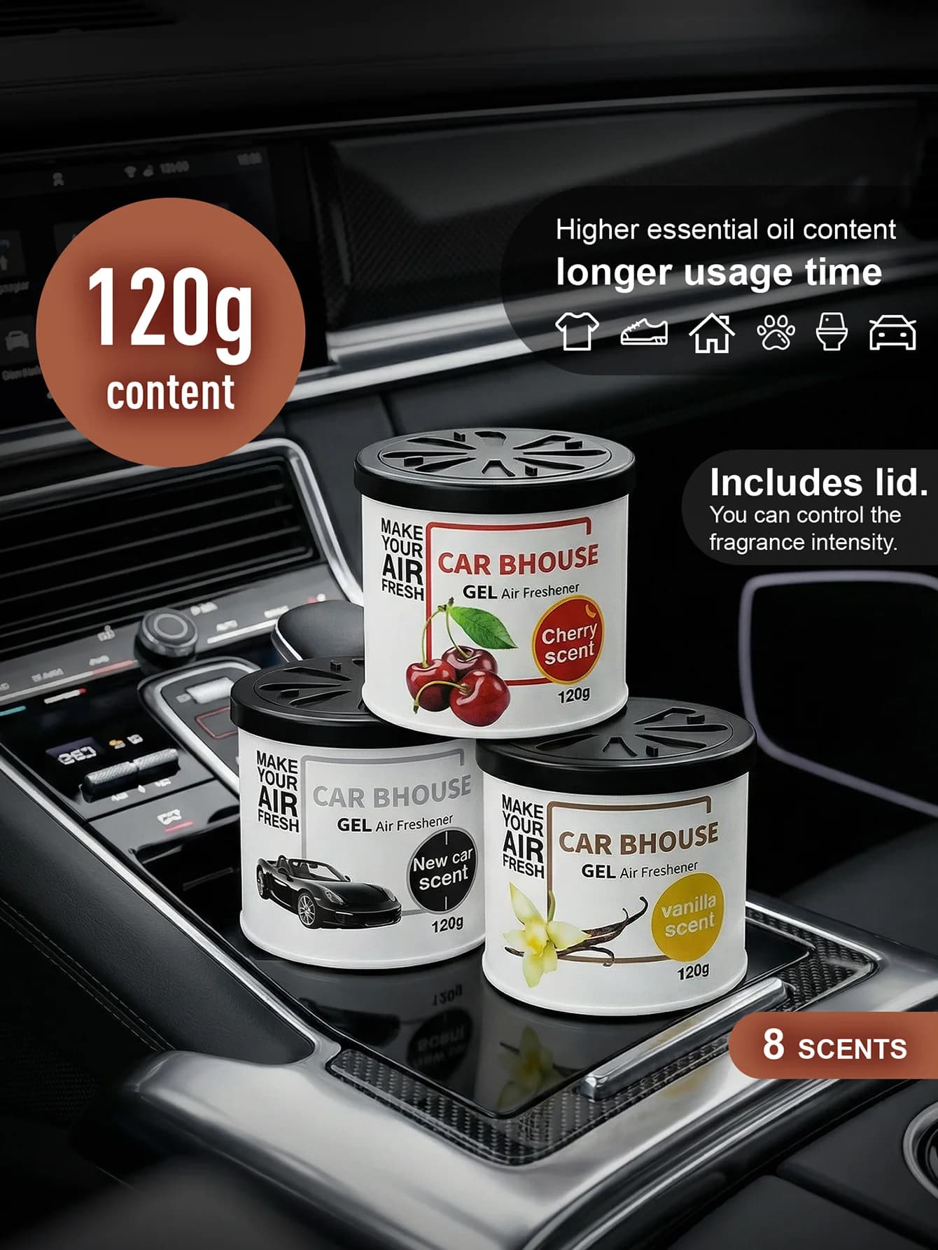 Deodorant gel for car and home, 120g, with fruity and floral fragrance, long lasting.