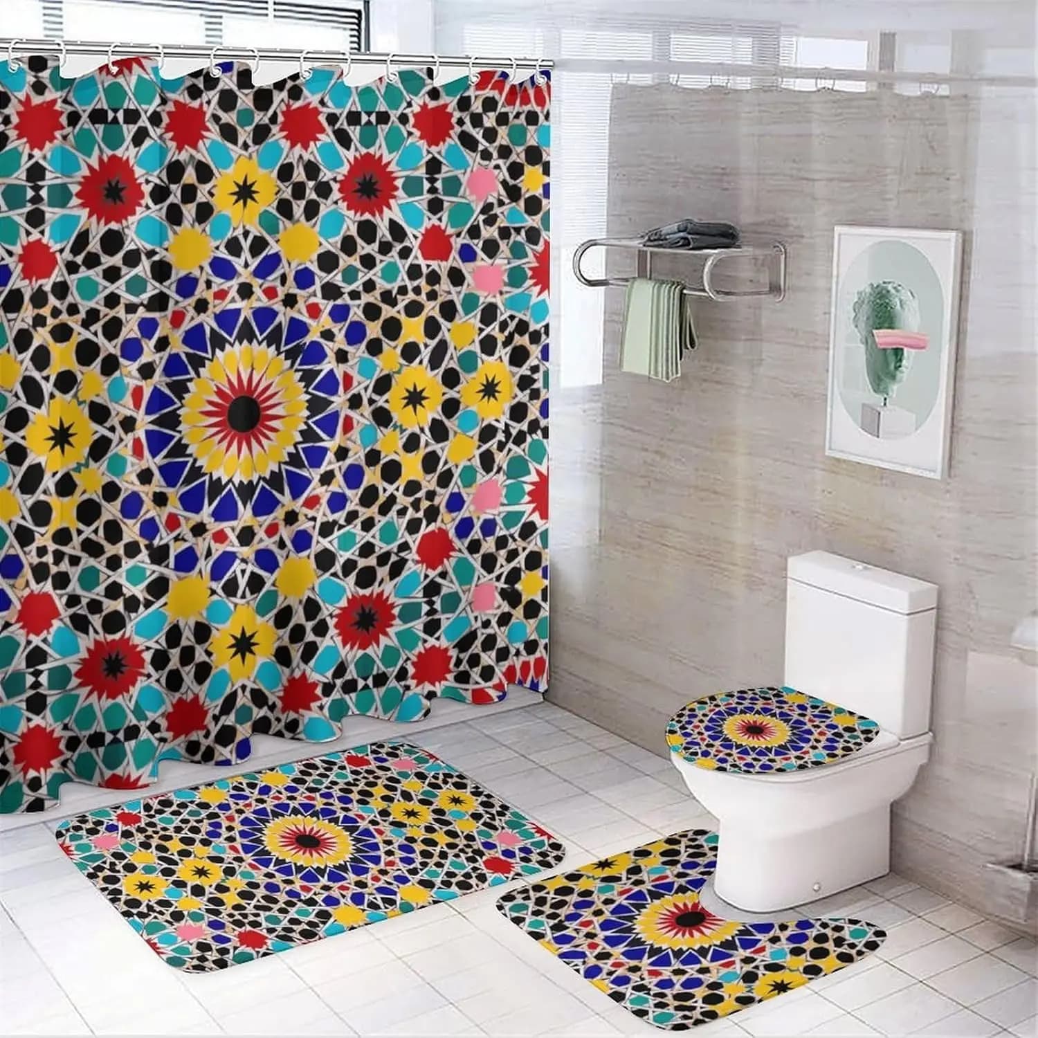 Set di tende da doccia color marocchino, 4 pezzi, con tappeti antiscivolo, copriwater e tappetino da bagno, morbido tappeto da bagno, pipistrello impermeabile