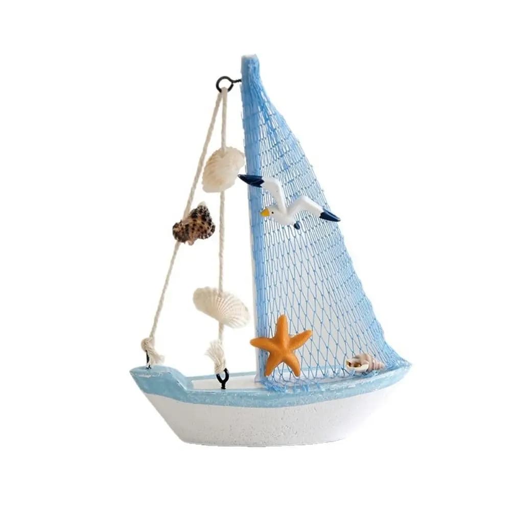 Mediterranean Style Sailing Boat Model Wooden Handmade Wooden Ship Ornament Fishing Net Accent Miniature Size