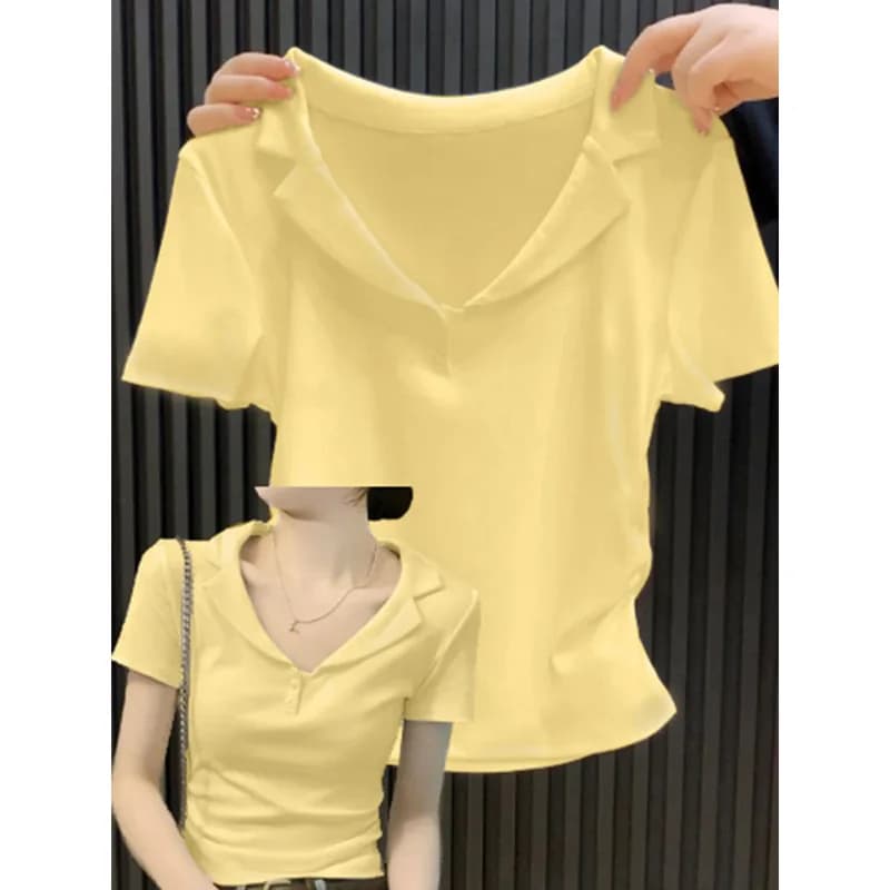 Nuova Camicia con Colletto a V 2026, T-Shirt a Maniche Corte da Donna, Top Estivo Versatile di Tendenza