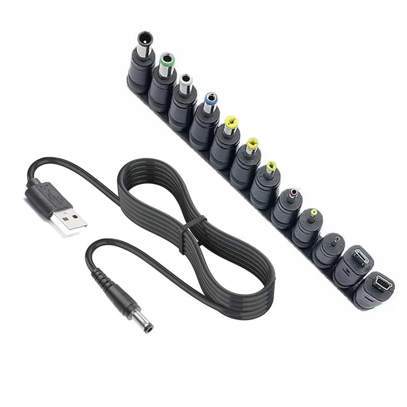 Cavo di alimentazione da USB a CC da 1 M/2 M, cavo di alimentazione CC 5 V Cavo di ricarica jack da 5,5 2,1 mm con 12 adattatori intercambiabili per dispositivi da 5 V