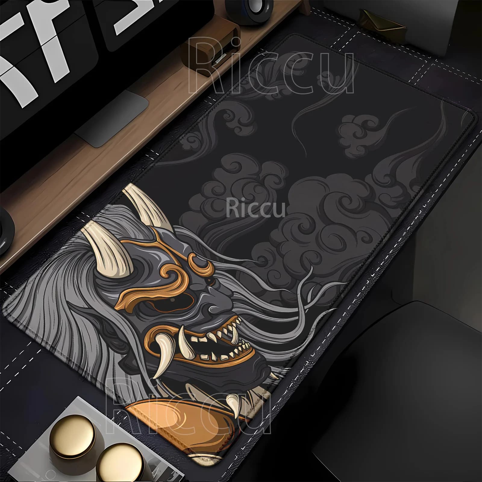 Tappetino per mouse antiscivolo Black Ghost Face Gamer con stampa HD, maschera diabolica da samurai giapponese, accessori per giochi per PC, tappetino da scrivania XXL per computer
