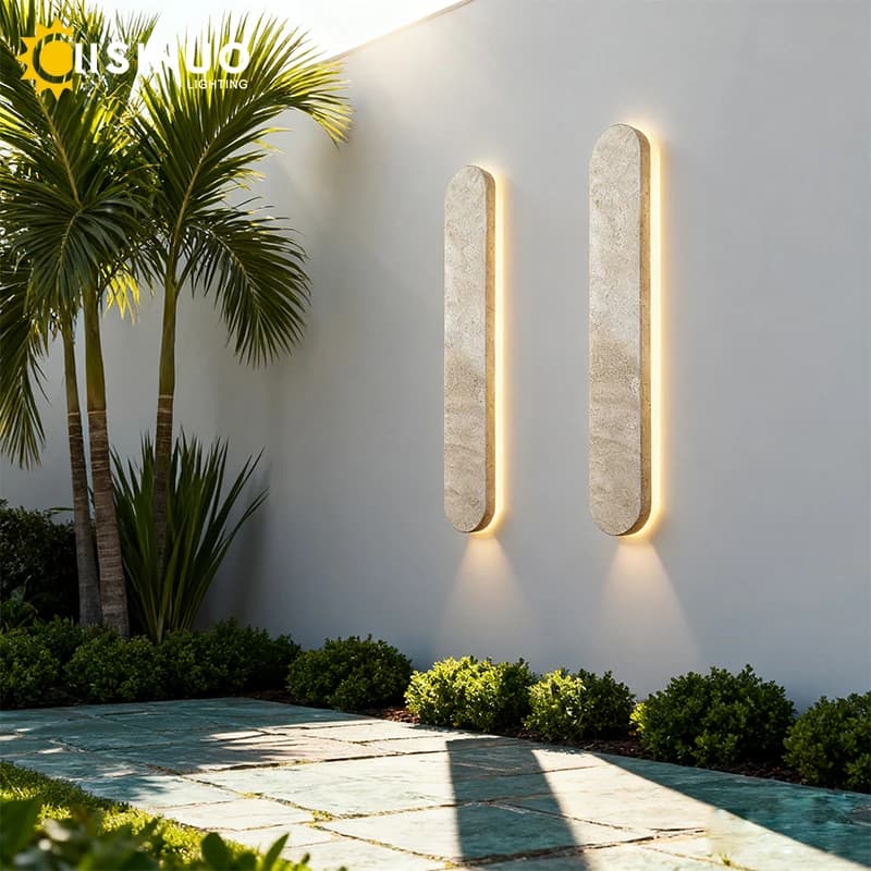 Lampada da parete in pietra naturale travertino giallo, durevole, a striscia lunga, a forma lineare, a LED, per esterni, impermeabile, per il cortile del cancello della recinzione della villa
