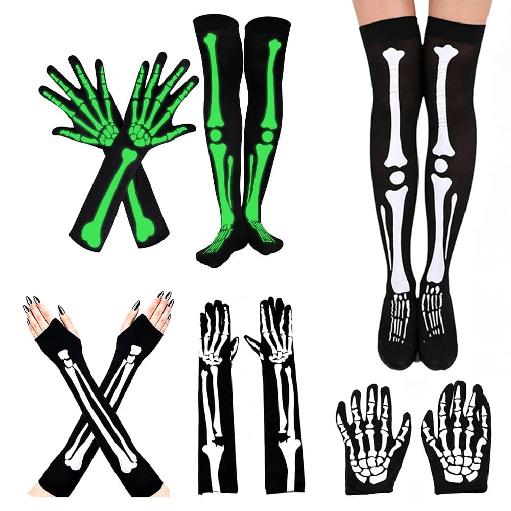 Ghost Festival Skeleton Costume Accessory Skeletal-Print Knee-High Socks and Long Gloves Glow-In-The-Dark Pattern Halloween Set