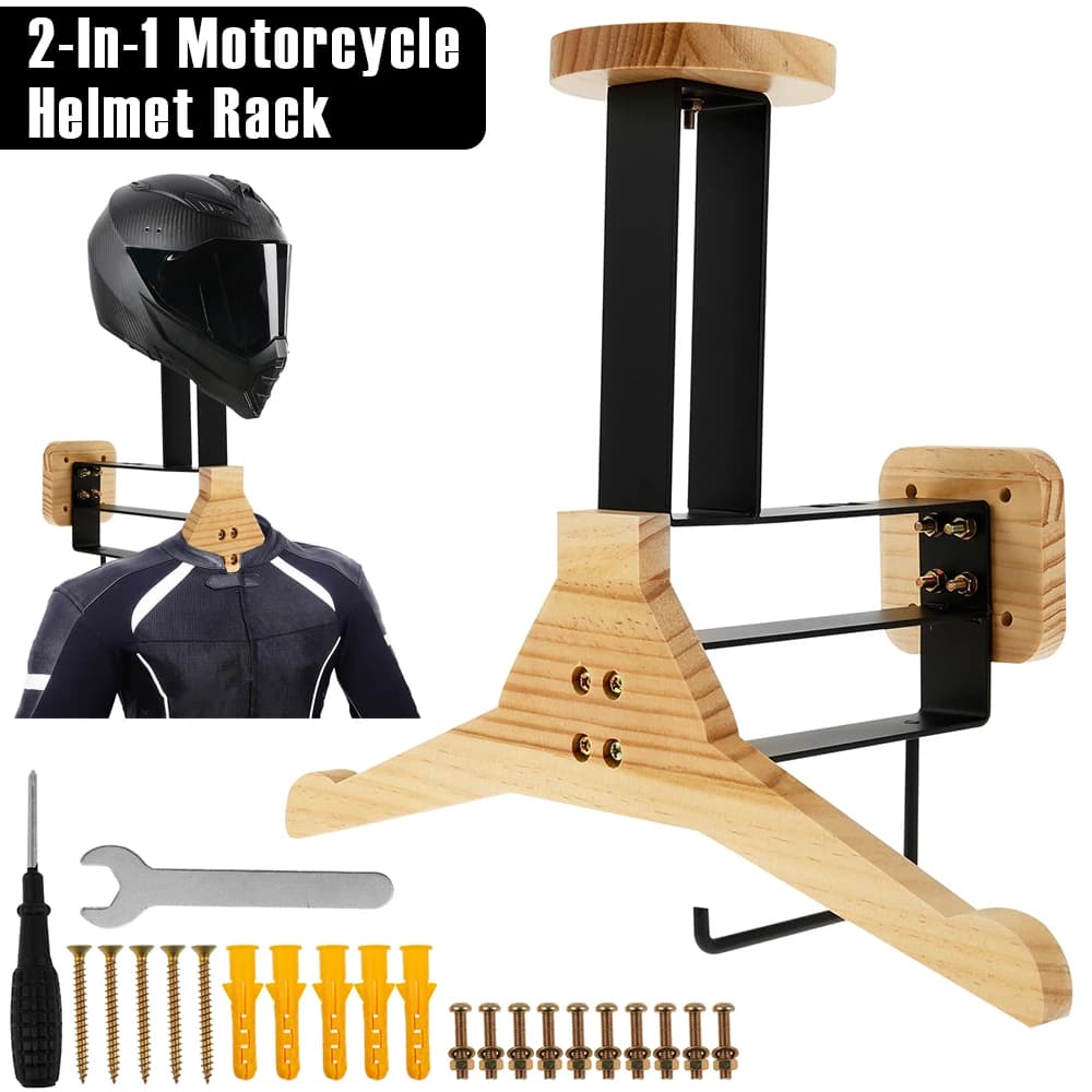 Motorcycle helmet holder Wall mounting bracket for wooden vest helmet with hooks Vest door for versatile motorcycle helmet 2 in 1 to store