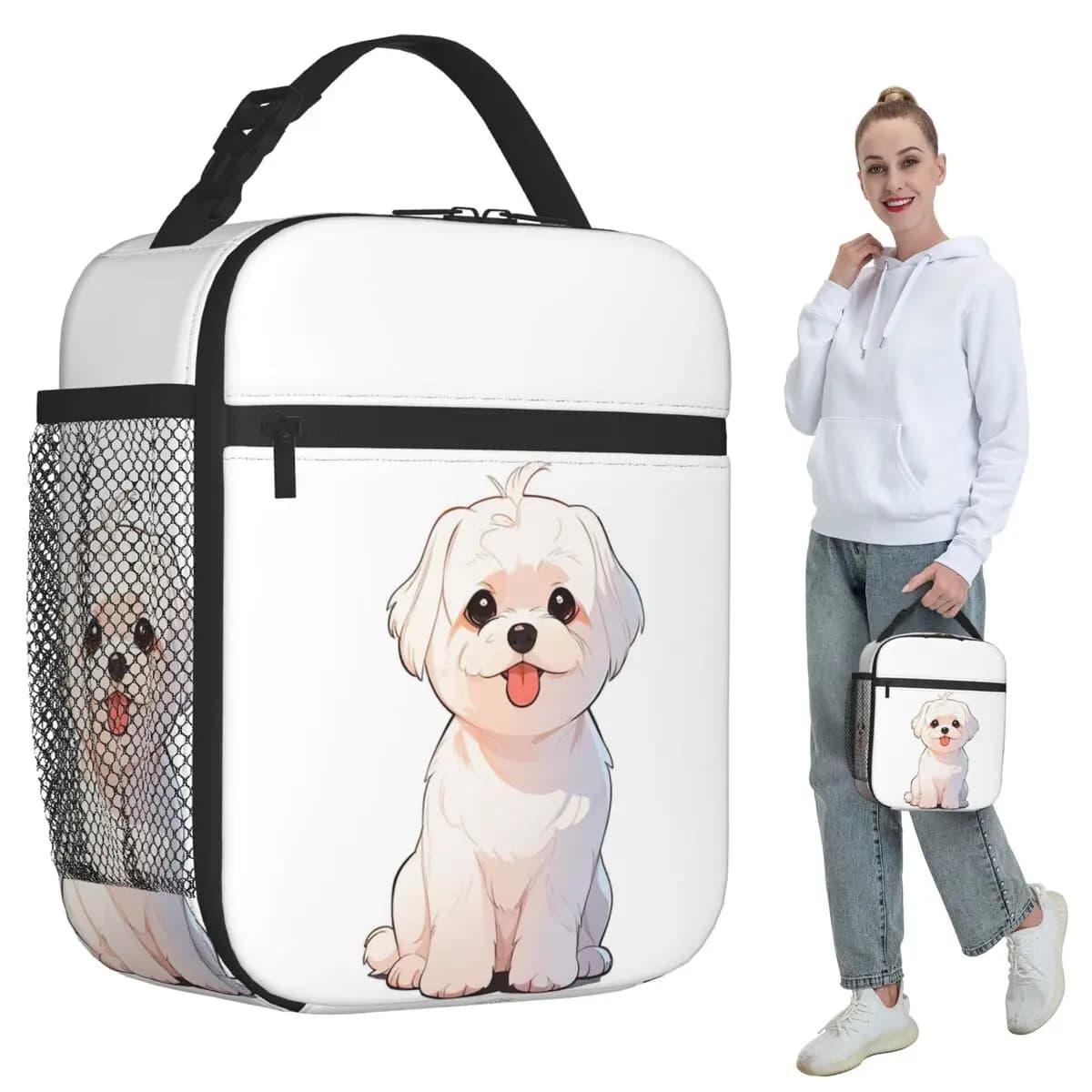 Cartoon Style Cute Maltese Dog Insulated Lunch Bag for Kids School Cooler Thermal Food Box Tote Portable Lunch Boxes Container