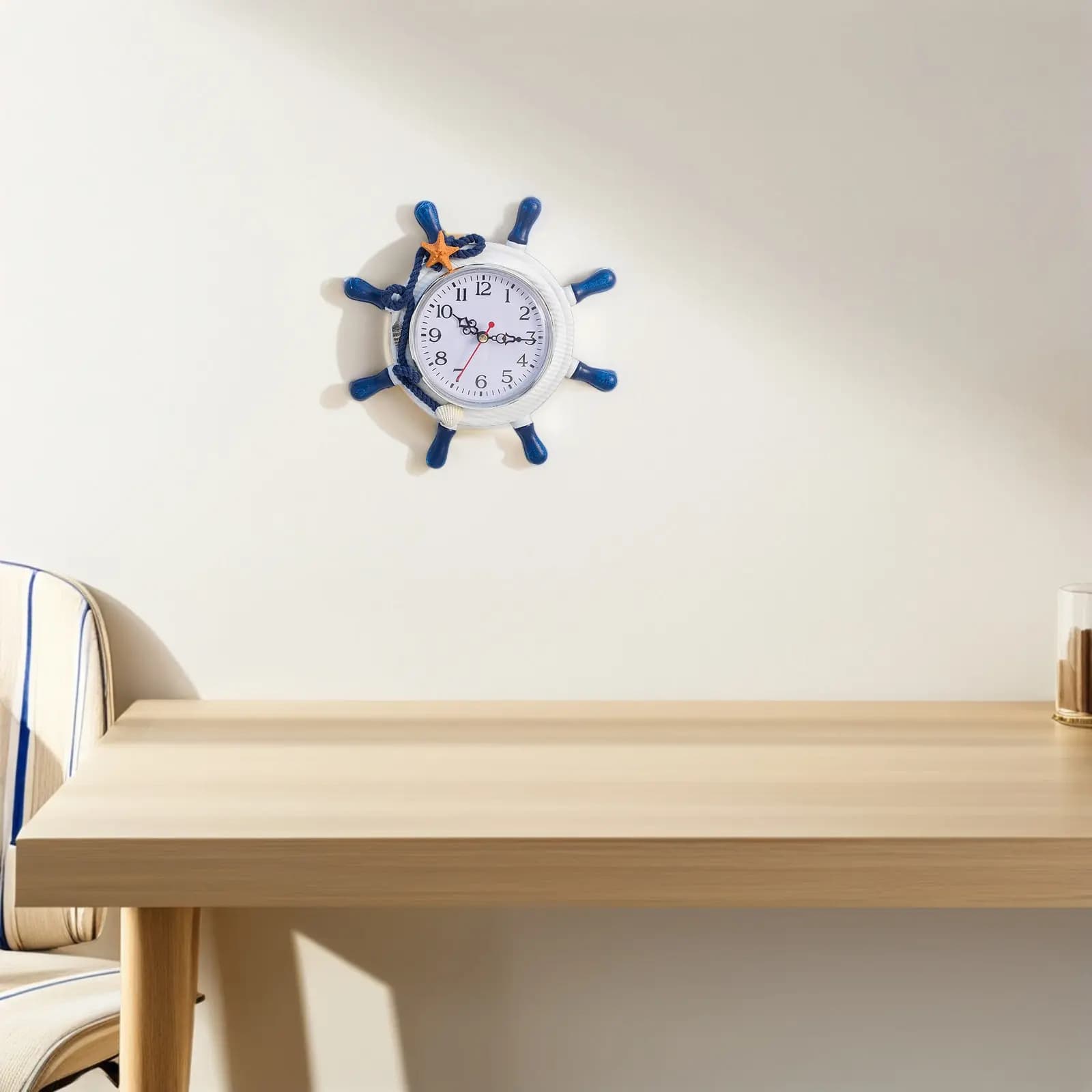 Mediterranean Style Wood Wall Clock with Big Numbers and Decorations in Stella Marina for Home, Bedroom, Living, Office