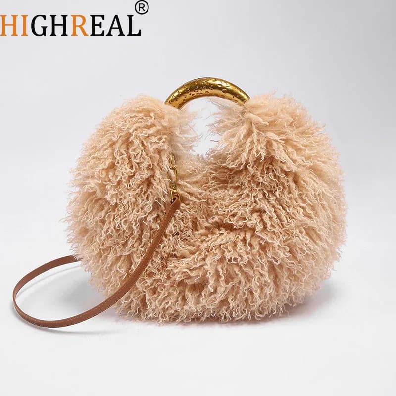 Borsa da donna in pelliccia lunga di lana alla moda Borsa a tracolla in pelliccia di lana sintetica da spiaggia Borsa da donna in pelliccia sintetica Borse di lusso in pelliccia di pecora mongola