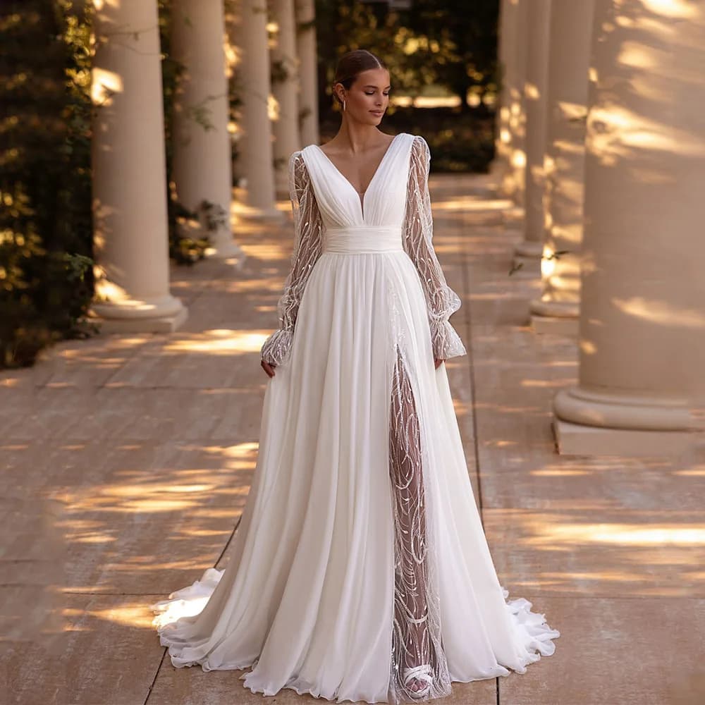 Abito da sposa MCDV in chiffon con spacco, maniche a sbuffo, scollo a V in pizzo, pieghettato, linea ad A, personalizzabile, senza schienale, per cerimonia civile, da donnaMCDV Chiffon Split abito da sposa puff manica
