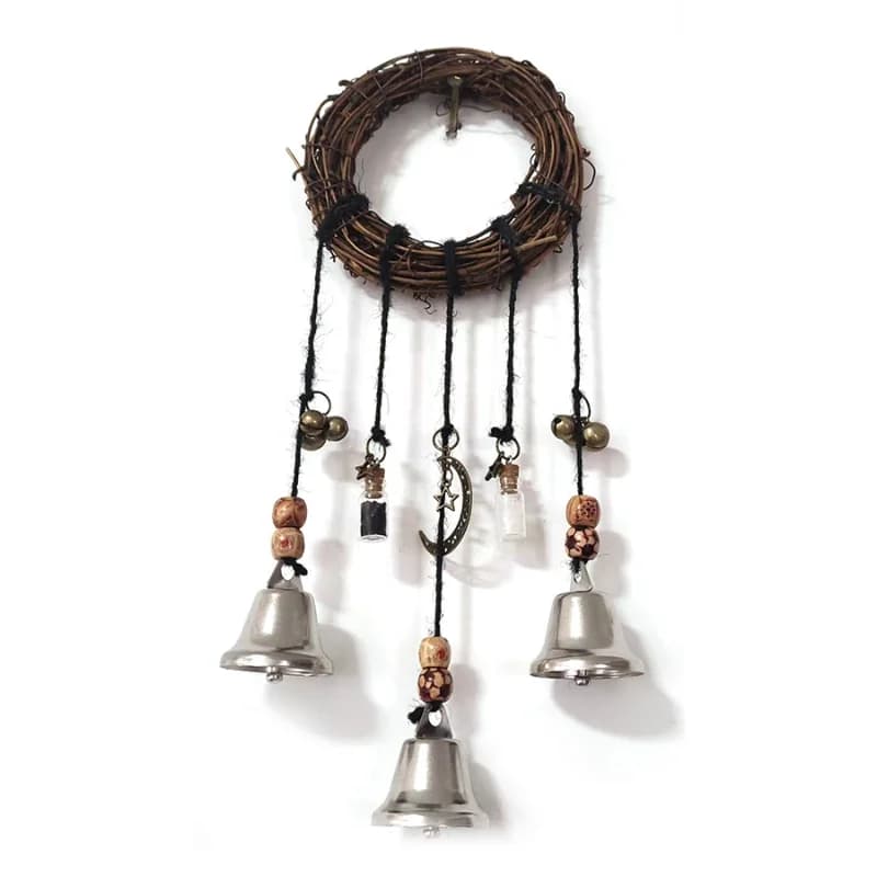 Boho Rattan Ring Hanging Bell Wind Chime Antique Metal Bell Moon Star Pendant Mini Wish Bottle Wall Hanging Ornament For Witch