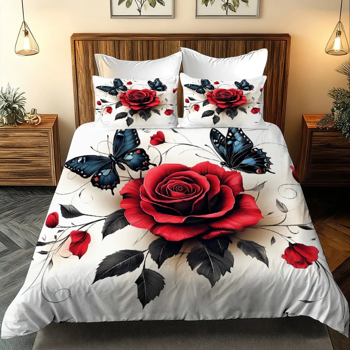 Set copripiumino con stampa di farfalle bianche e rosse, regalo di compleanno, comoda biancheria da letto per camera da letto con 1 copripiumino e 2 federe