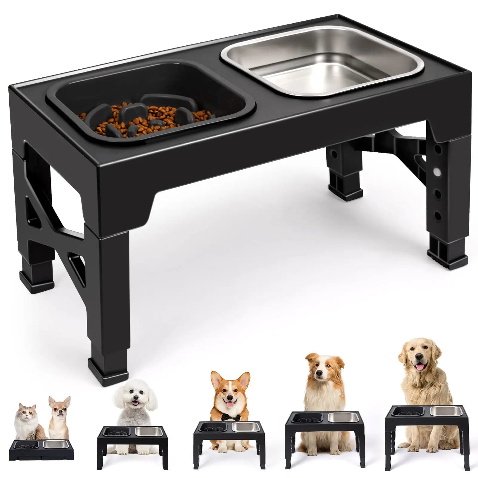 Ciotole per cani con alimentatore lento rialzato 2 in 1, ciotole per cibo e acqua antiscivolo in acciaio inossidabile/plastica/animale domestico con supporto pieghevole