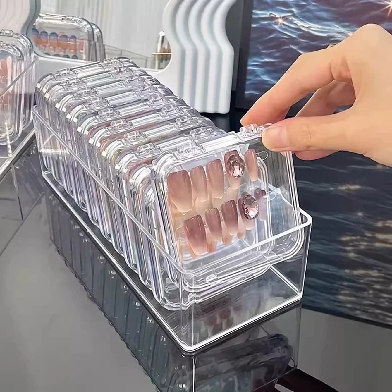 1 Pezzo Scatola Porta Unghie in Acrilico Trasparente Antipolvere, Organizer da Viaggio per Salone, Confezione e Esposizione Unghie Finte - Vendita Calda