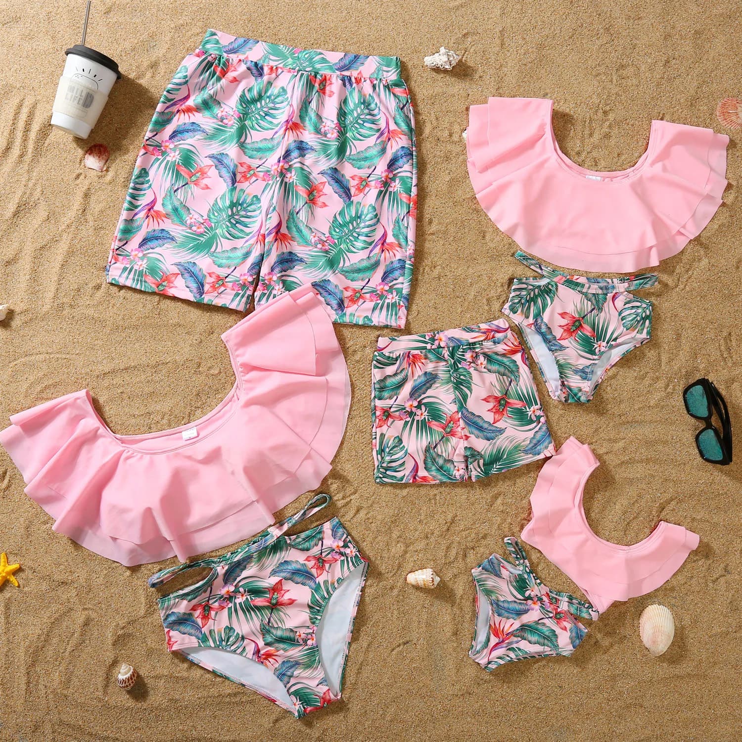 2026 Summer New Mommy and Daddy Son Daughter Clothes Bikini Sandbeach Swimsuit Family Matching Outfits Leaf Printing Swimwear
