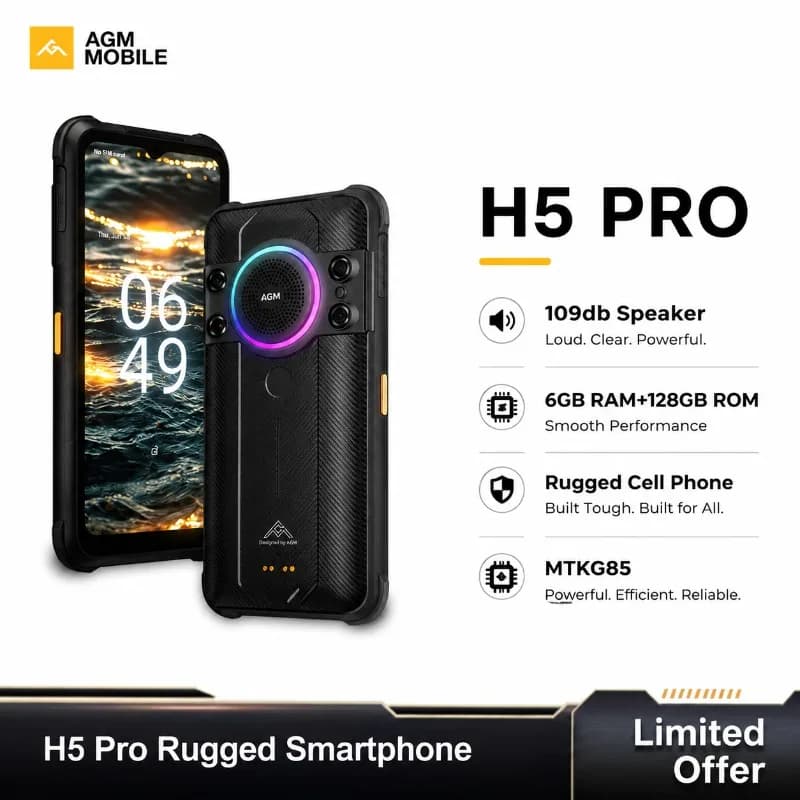 AGM H5PRO Rugged Smartphone 6.52 Inch Android 12 8+128G Storage G85 48MP Rear Camera IP68 Waterproof 7000mAh Battery