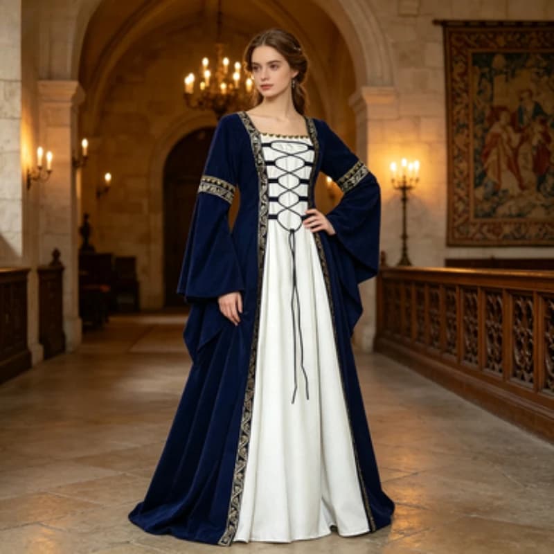 Women's Medieval Renaissance Dress, Square Neck Lace‑Up Corset Gown, Women's Cosplay Costume for Halloween Carnival Party