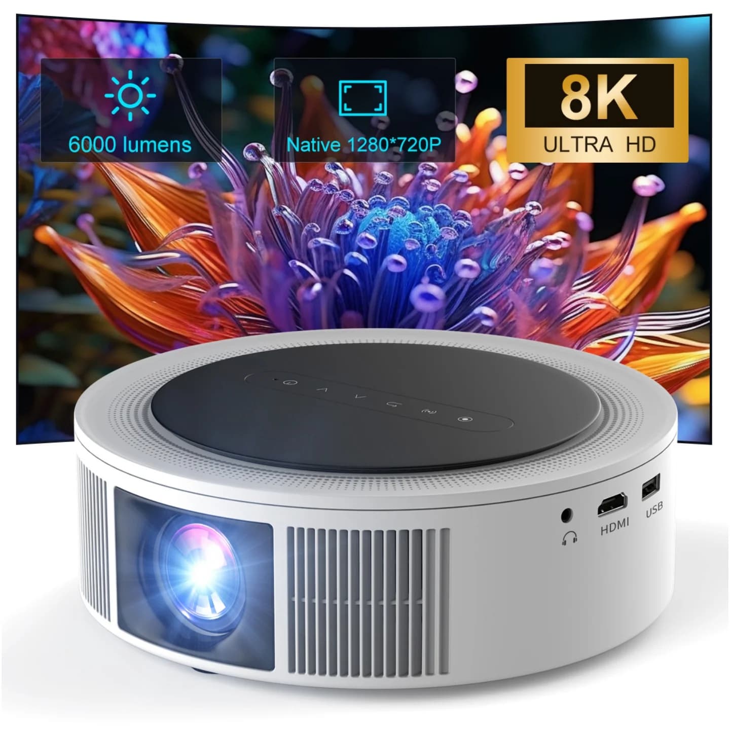 Proiettore cinematografico da esterno per Home Theater WiFi e Bluetooth Native 1080P 8K Supporto fino a 300'' Compatibile con USB iOS Android