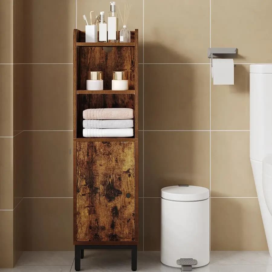 Mobiletto portaoggetti, piccolo mobiletto angolare da terra con anta e ripiani, porta carta igienica stretto, organizer da bagno regolabile