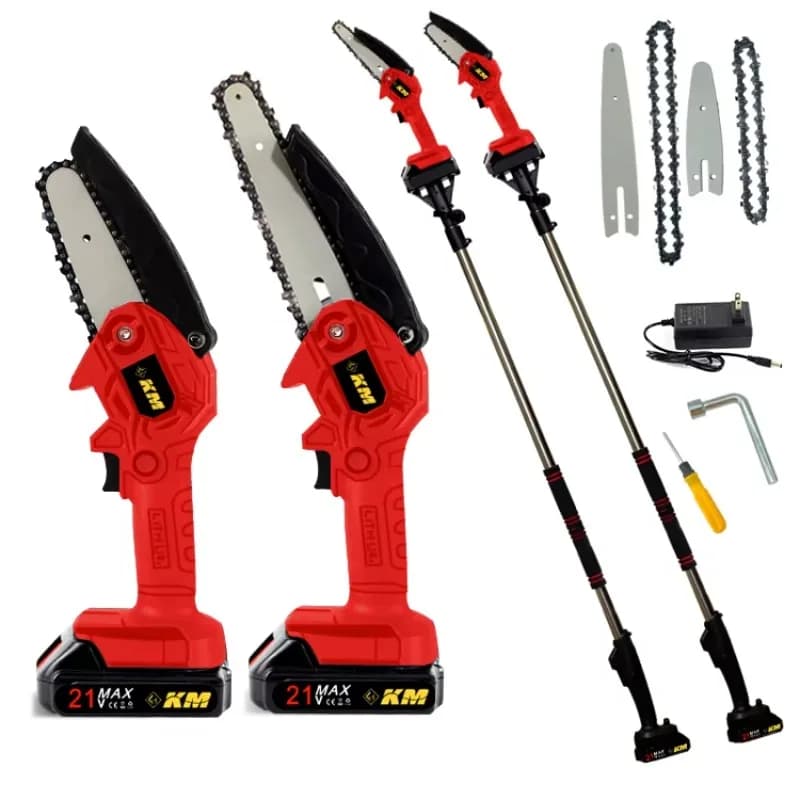 Battery pruning shears with long-range pole KM. Lithium battery powered telescopic electric pruning shears for trees