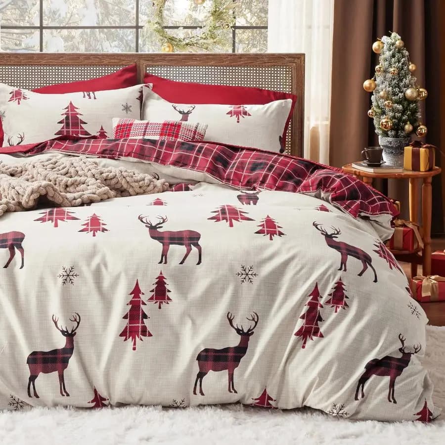 Set Christmas Cover Queen Size, Reversible Seat Cover with Buffalo Square Printing Check, Set Bed Linen 3 Pieces