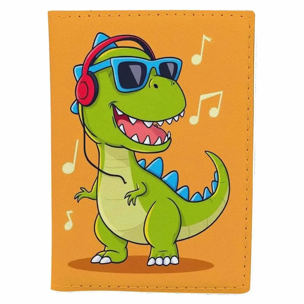 Porta Passaporto a Forma di Dinosauro per Viaggi, Dinosauro Musicale con Cuffie, Custodia per Passaporto in Pelle PU, Portafoglio Carino per Passaporto e Carte