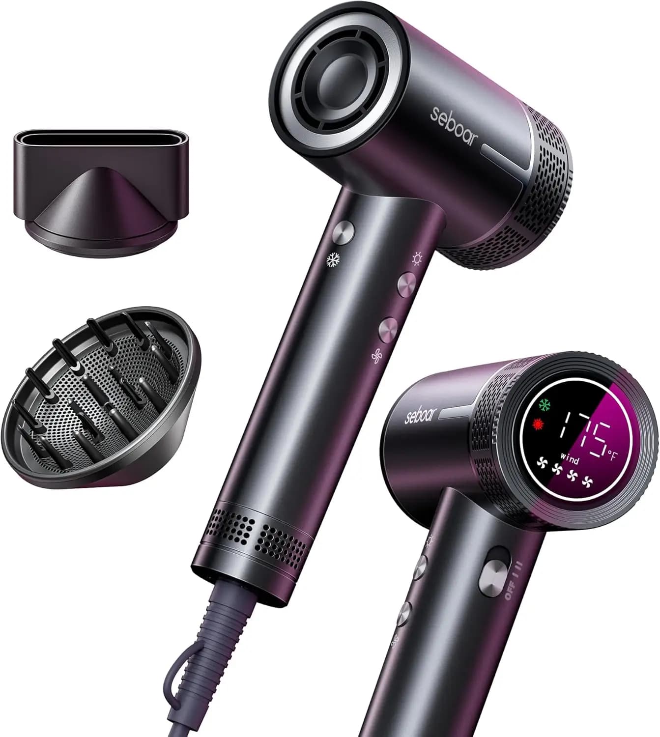 Asciugacapelli Ionico Veloce con Diffusore, Controllo Termico LCD, 1500W Asciugatura Rapida, Silenzioso e Leggero per Viaggi, Casa e Salone