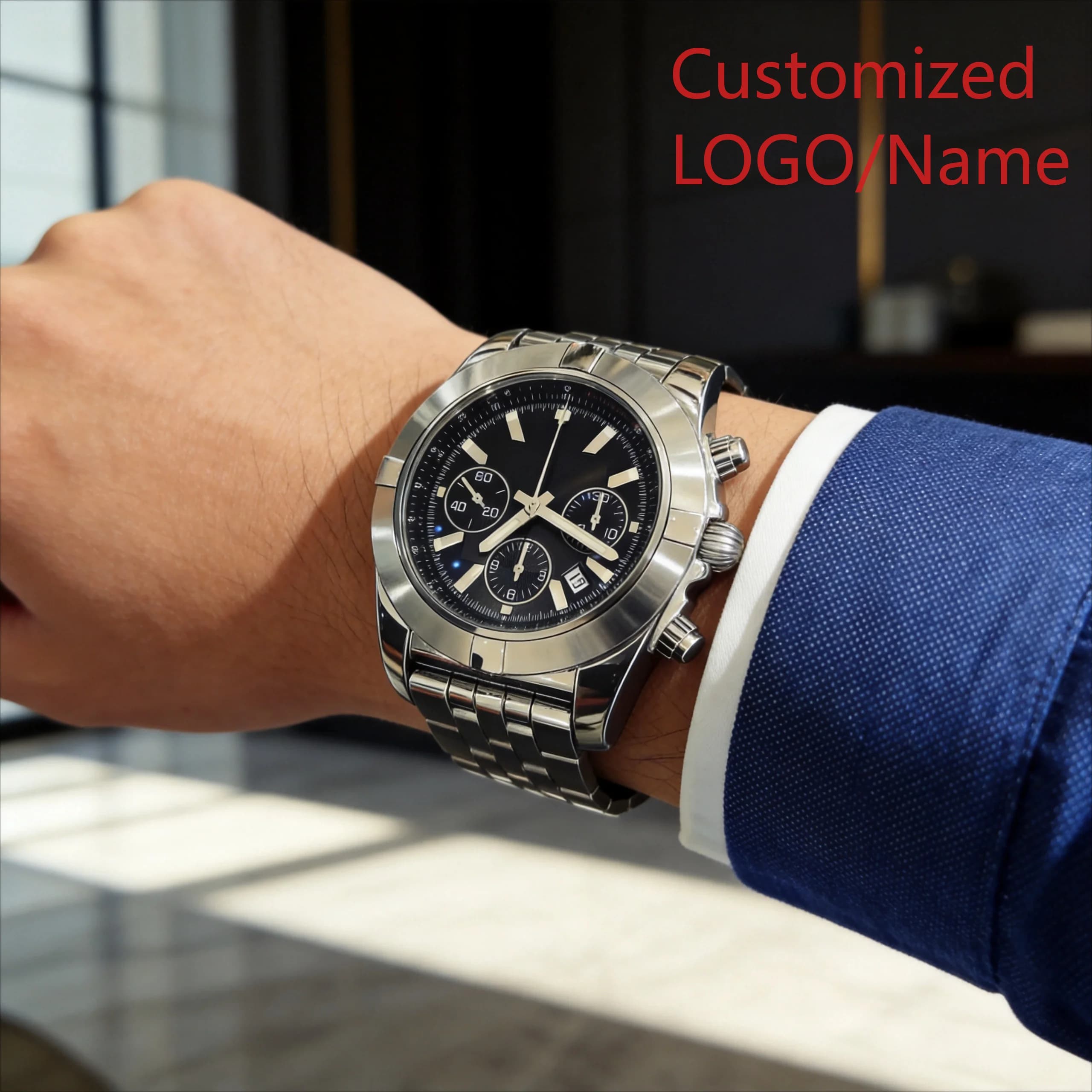 A185 Store 46mm Men's Quartz Chronograph, Aviation Pilot Style, Stainless Steel Customized Watches