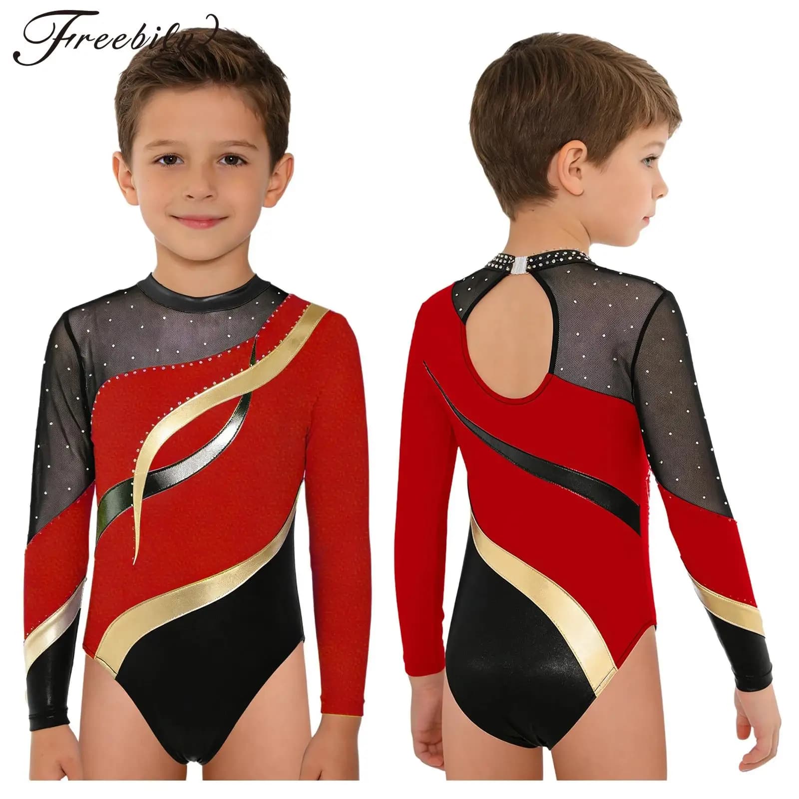 Body da Pattinaggio Artistico per Bambini, Manica Lunga, Metallizzato Lucido con Strass, in Rete, per Ginnastica, Balletto e Acrobazie