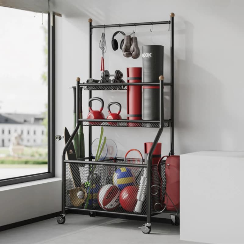 Organizzatore Mobile per Attrezzature Sportive e Fitness da Interno, Porta Tappetini Yoga per Soggiorno, Soluzione di Stoccaggio per Baseball e Pallavolo