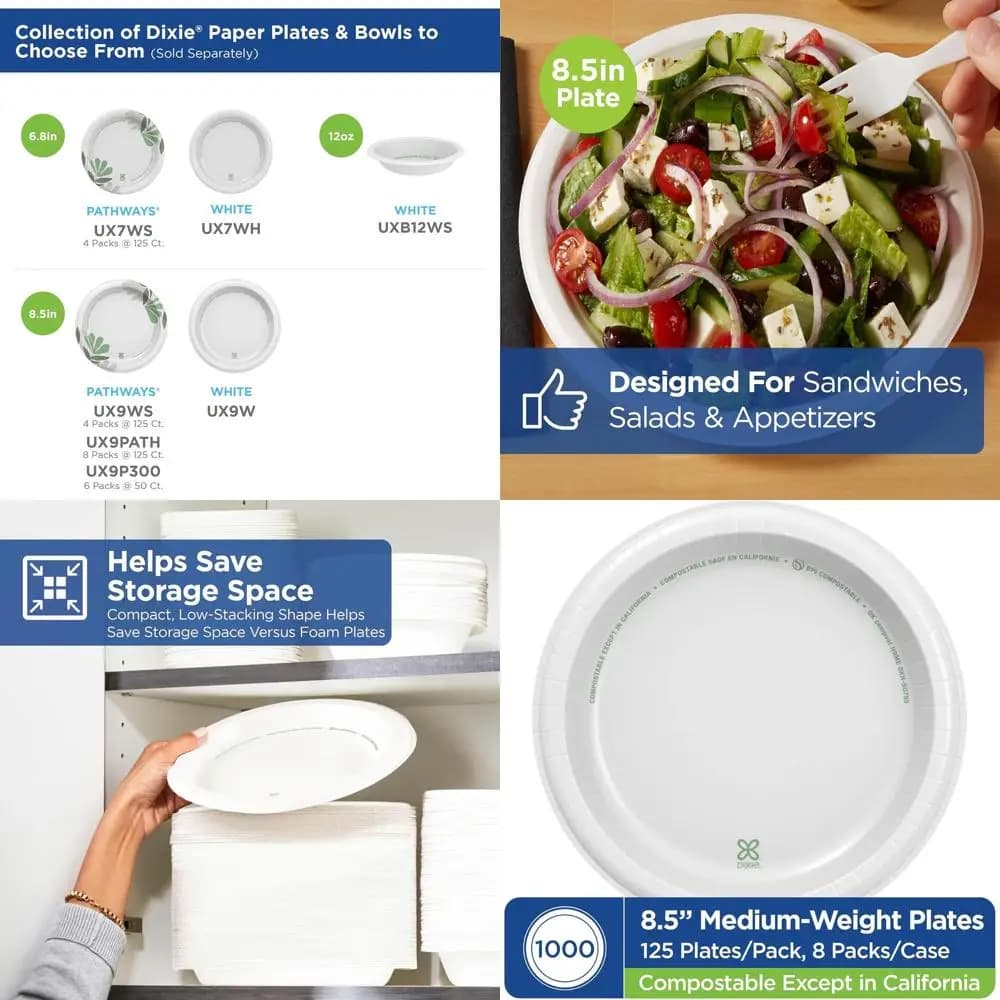 White Paper Plates of Medium Weight 8.5 Inches, Pack of 1000 (125 Packages, 8 Packs)