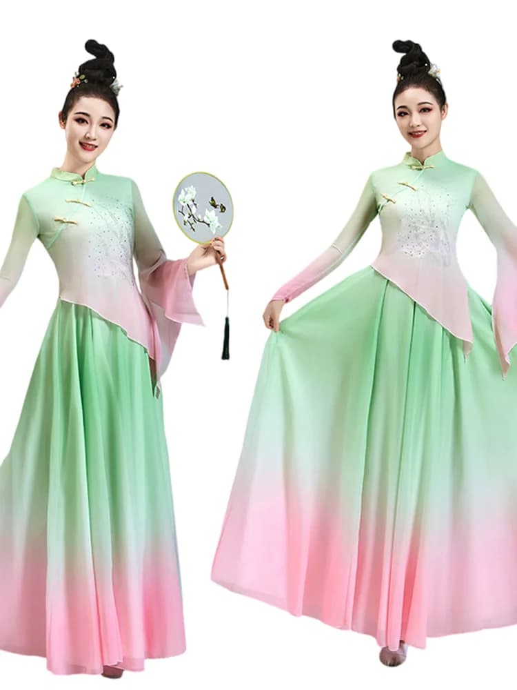 Moderno Intrattenimento Musiche E Canzoni Donne Folk Cinese Costume di Ballo Nazionale 2 Pezzi Manica Lunga Top Swing Cerchio Gonna Sfumatura di Colore Body Rima 3XL