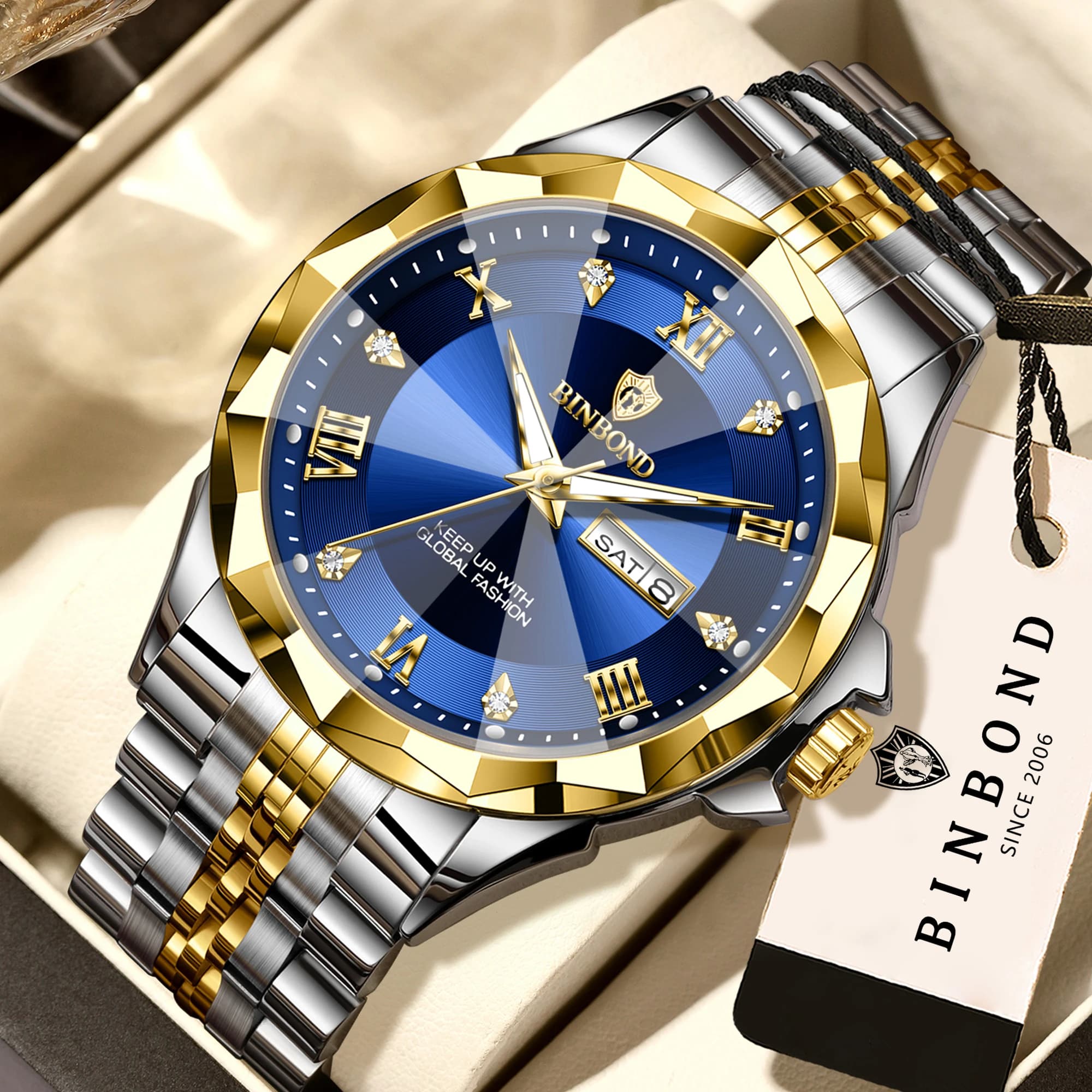 Orologio da polso al quarzo BINBOND per uomo, di lusso, luminoso, impermeabile, con indicazione della settimana, data automatica, resistente.