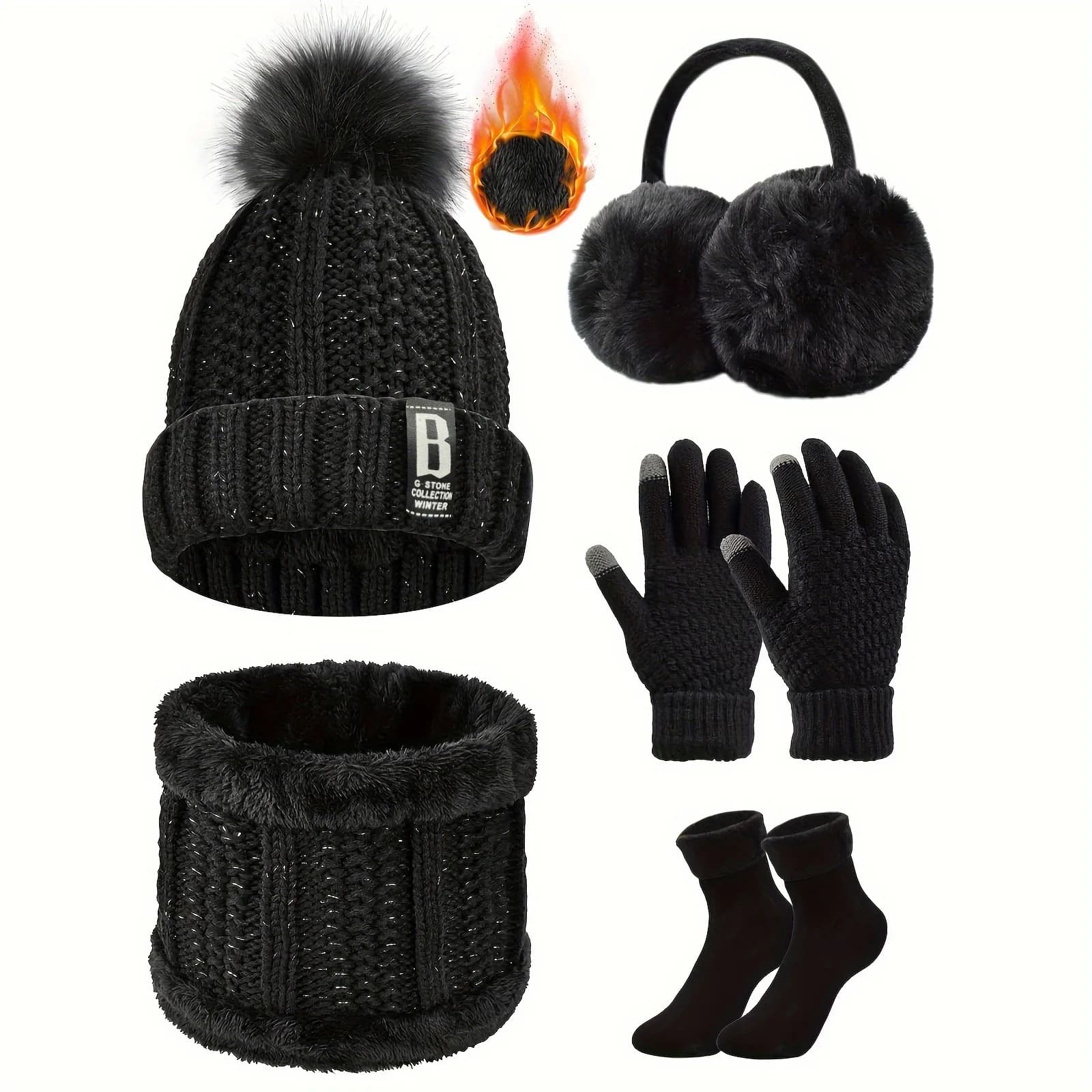 Winter Sports Five Piece Set Including Brimless Cap, Scarf, Gloves, Skiing, Cycling, Hiking, Outdoor Equipment Set