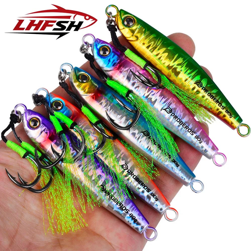 LHFSH 35g-80g Jig in Metallo a Lancio Lungo, Affondamento Rapido, Esca in Piombo con Doppio Amo Ausiliario, Esca Artificiale Colorata per la Pesca in Mare