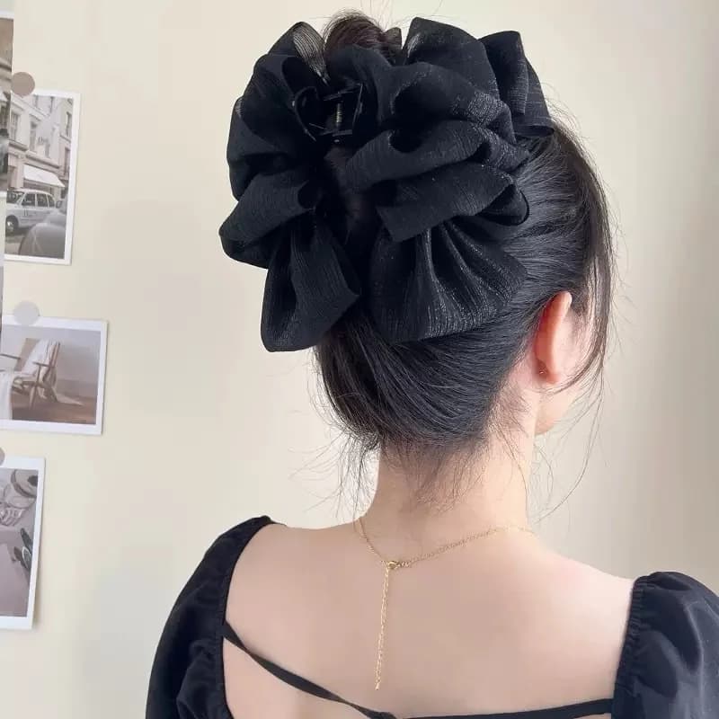 Clip per artigli per capelli con fiocco in chiffon pieghettato a tre strati per donna Dolce grande capelli in acrilico Decora la fascia per capelli Clip per squalo per feste francesi