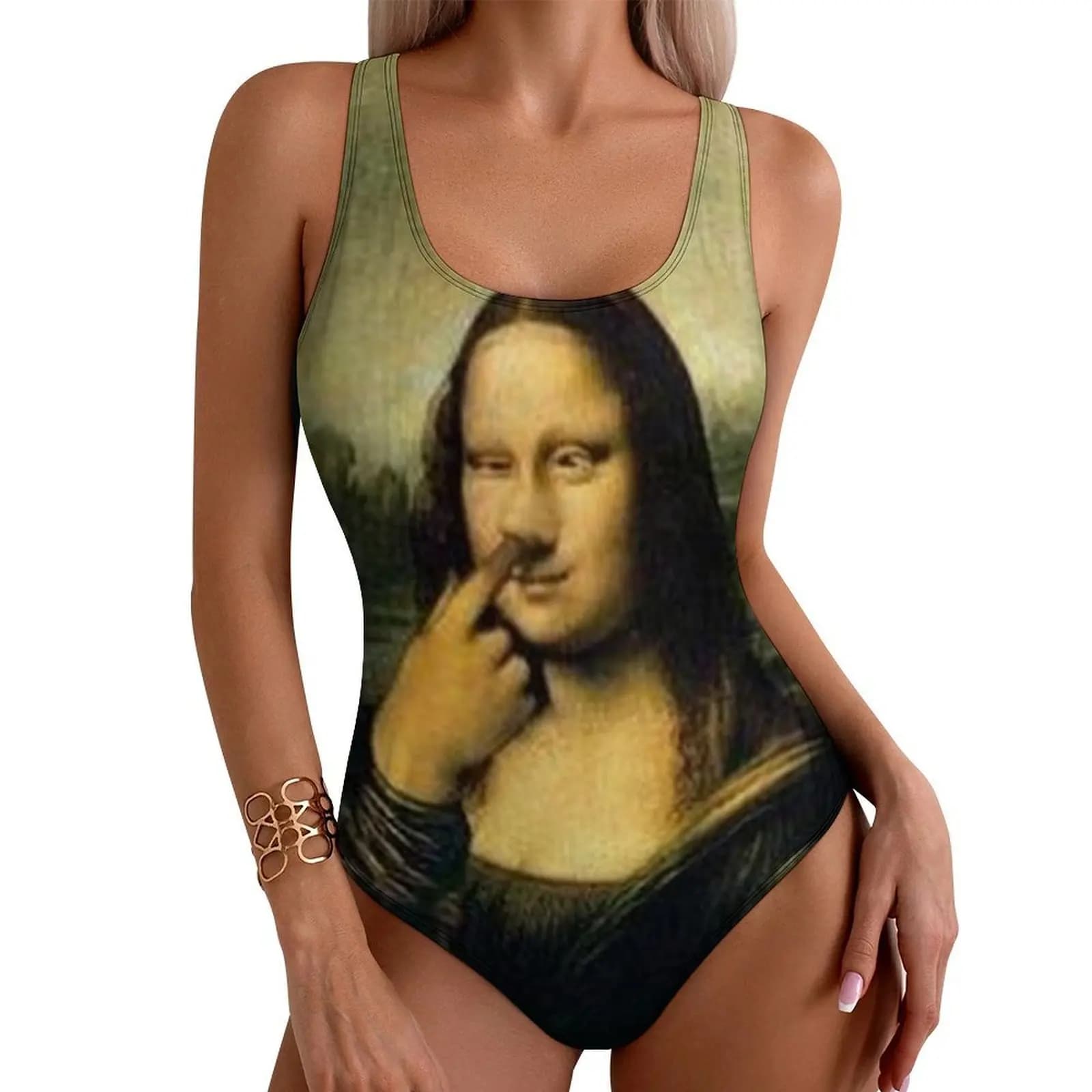 Costume da bagno intero divertente con stampa Mona Lisa che si schiaccia il naso, push-up, sexy, per vacanze e spiaggia, taglie forti XXL