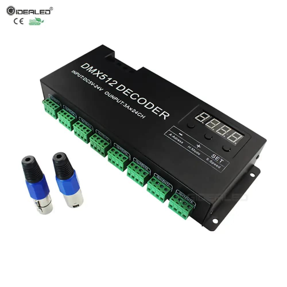 Decodificatore DMX a 24 canali con controller DMX 512 con spina RJ45 e XLR per decodificatore striscia RGB DC12V-24V Driver dimmer LED dmx 72A