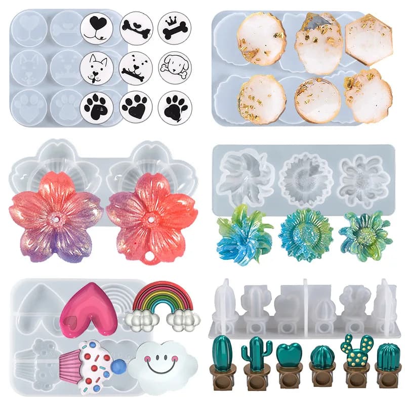 Stampi in silicone per resina epossidica fai da te, a forma di cuore geometrico, blocco rotondo, gemma, patch, cubetto di ghiaccio, ciondolo a cactus con foro, per creazione gioielli e pendenti