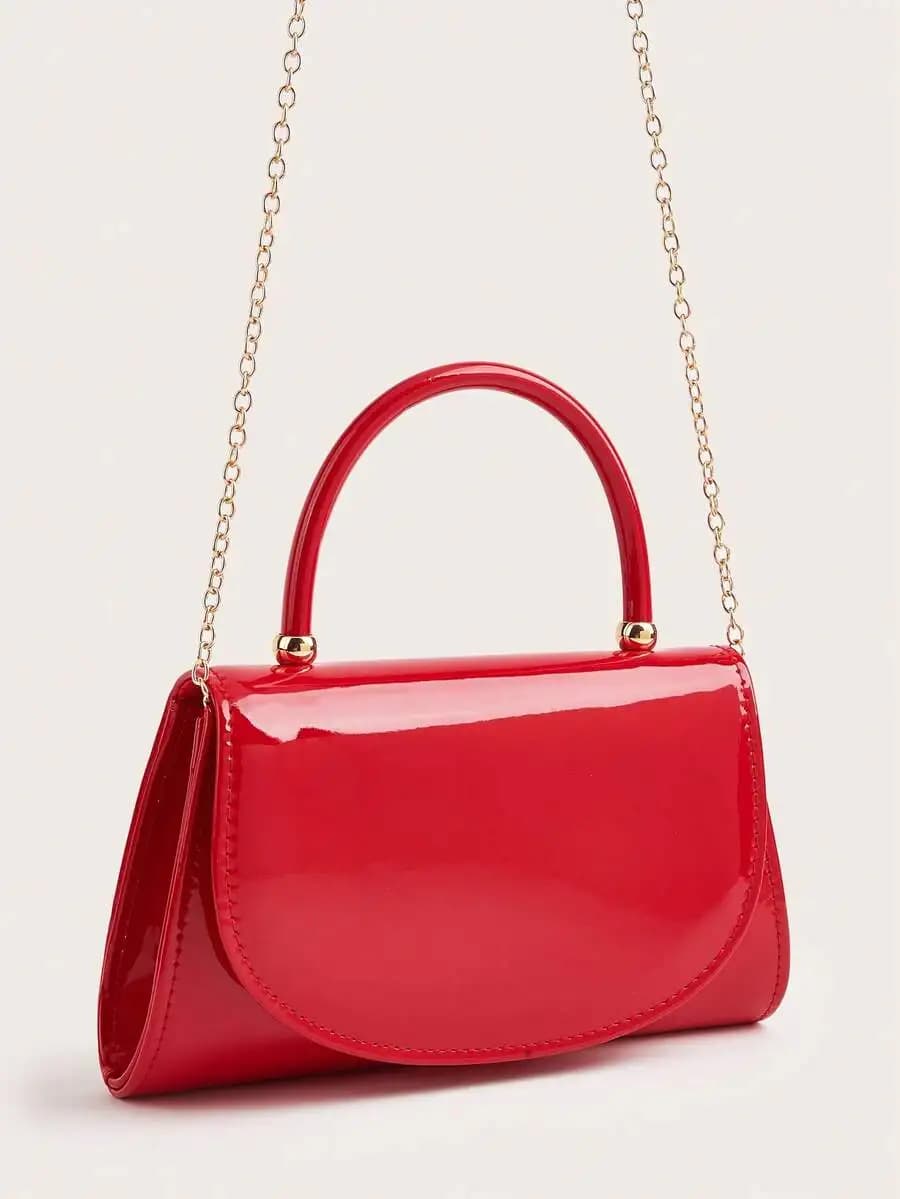 Red Patent Leather Flap Handbag With Chain Strap Evening Bag For Women