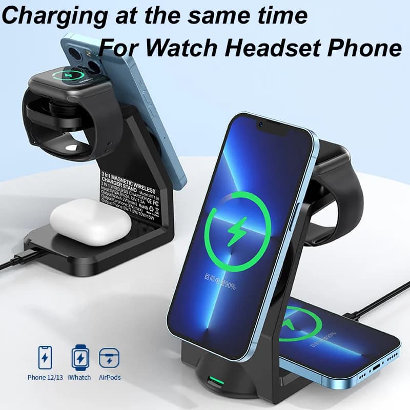 Caricabatterie wireless magnetico 3 in1 da 15W per magsafe charging supporto per supporto a rotazione 360 iphone samsung android ipod iwatch headphone