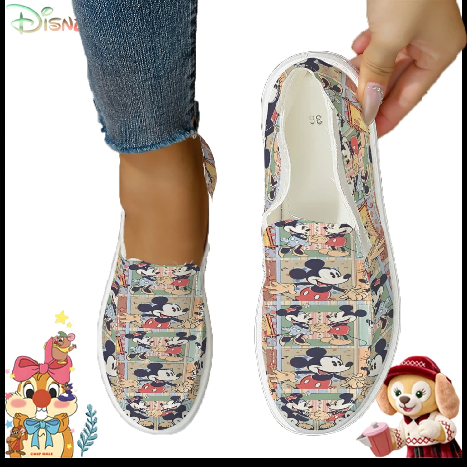 Scarpe slip-on in tela con stampa Disney Vintage Mickey & Minnie, graziose sneakers casual da donna con cartoni animati